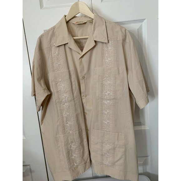 Vintage SUPREME Men’s Guayabera Tan Sz 1X Embroidered Short Sleeve Button Shirt - Picture 5 of 7
